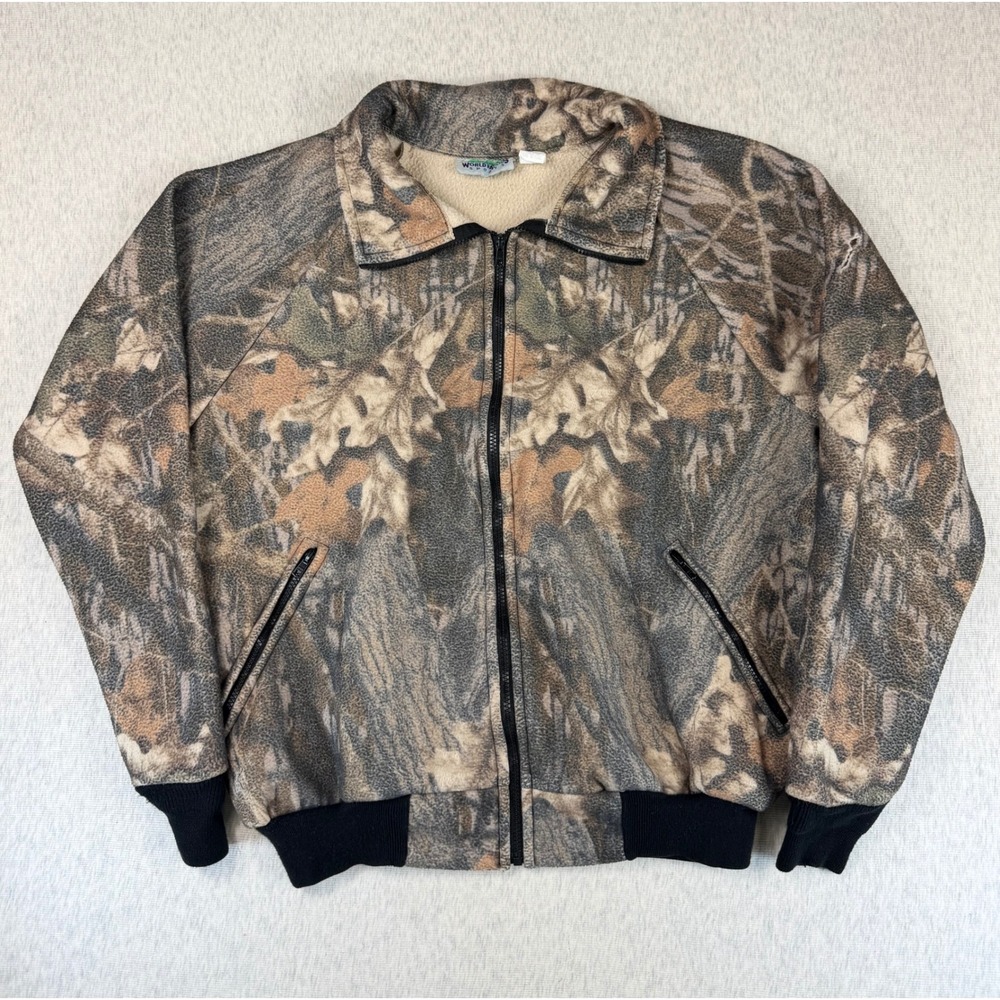 Vtg World Famous Sports Camo Fleece Jacket Mens XL USA Made Bomber Zip Up *Flaw*